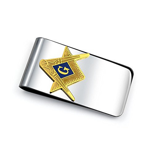 Bling Jewelry Personalized Large Wide Strong Symbol Message Blue Square Compass Masonic Insignia Freemason Tie Clip Bar Necktie for Men Silver Gold Tone Stainless Steel
