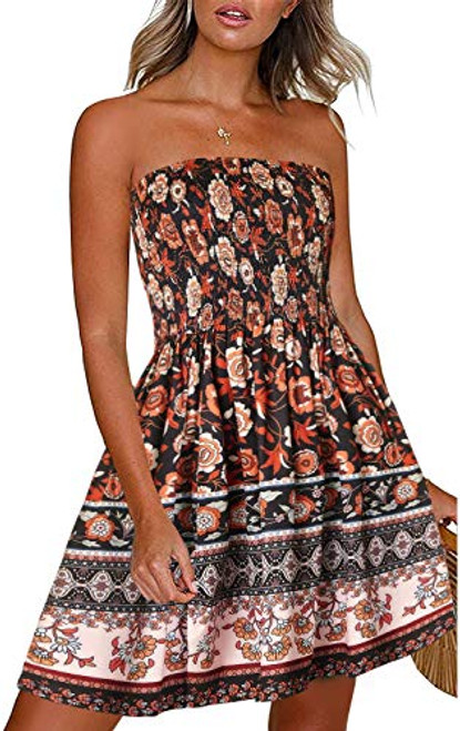 Womens Summer Dresses Beach Cover ups Casual Vocation Strapless Boho Floral Swing Sundress -Flower Orange-2XL- Womens Summer Dresses Beach Cover ups Casual Vocation Strapless Boho Floral Swing Sundress -Flower Orange-2XL-