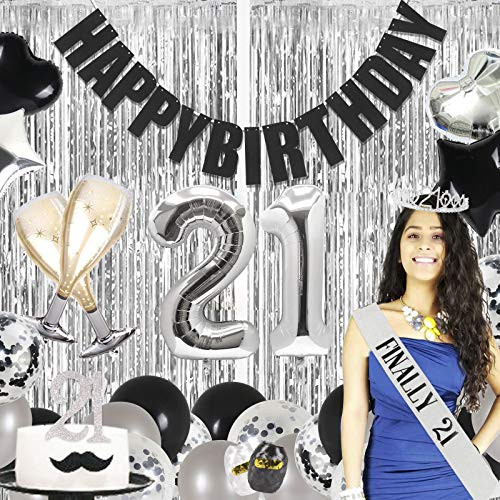 21 birthday decorations for her- 21 birthday decoration- 21st birthday decorations for women- 21st birthday decoration silver- 21 tiara and sash silver- 21st birthday decorations- 21st birthday decorations for women Silver and Black- 21st Birthday Ti