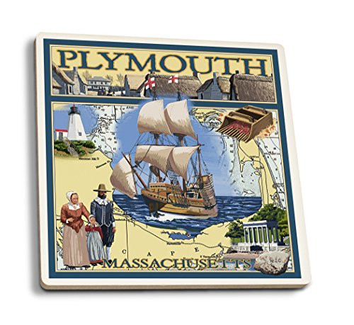 Lantern Press Plymouth- Massachusetts- Nautical Chart -Set of 4 Ceramic Coasters- Cork-Backed- Absorbent-