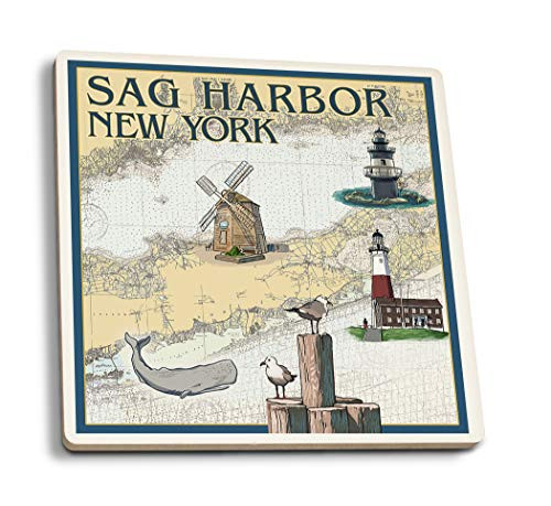 Lantern Press Sag Harbor- New York- Nautical Chart with Windmill 97918 -Set of 4 Ceramic Coasters- Cork-Backed- Absorbent-