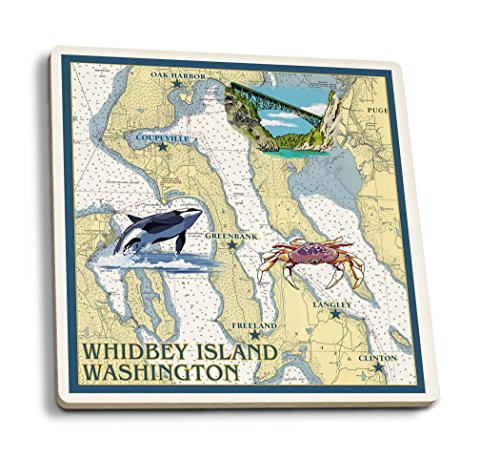 Lantern Press Whidbey Island- Washington- Nautical Chart -Set of 4 Ceramic Coasters- Cork-Backed- Absorbent-