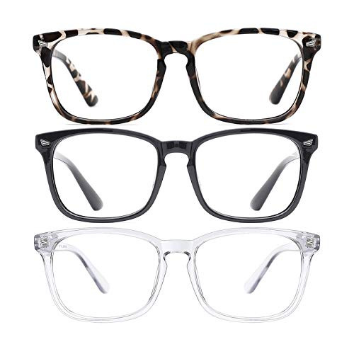 TIJN Eyeglasses for Women Men 3 Pack Stylish Square No Prescription Glasses Clear Lens Eyewear --Blue Light Blocking-Transparent/Black/Leopard-