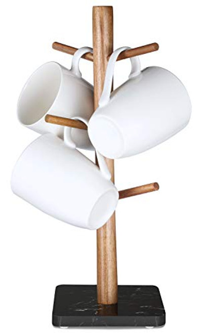 Buruis Wood Mug Holder- Marble Base Cup Rack Tree- Mug Stand Hanger- Kitchen Coffee Mug Tree Countertop Tea Cups Holder Stand- Coffee Cup Dryer with 6 Hooks -Black-