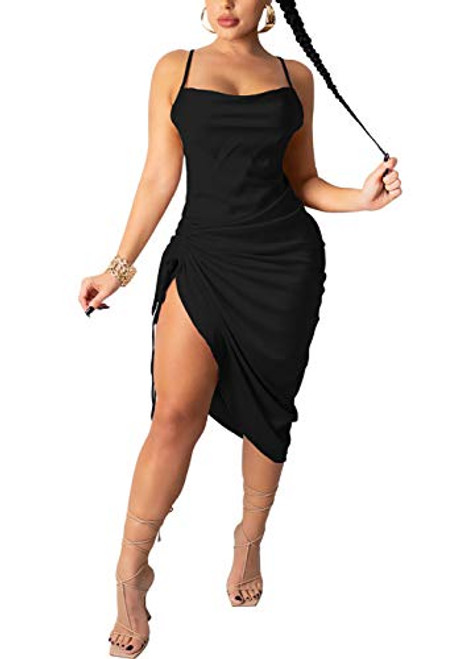 IyMoo Woman's Sexy Bodycon Dress - Sexy Dresses for Club Night Bodycon Dress Spaghetti Strap Drawstring Ruched Midi Club Dress Black