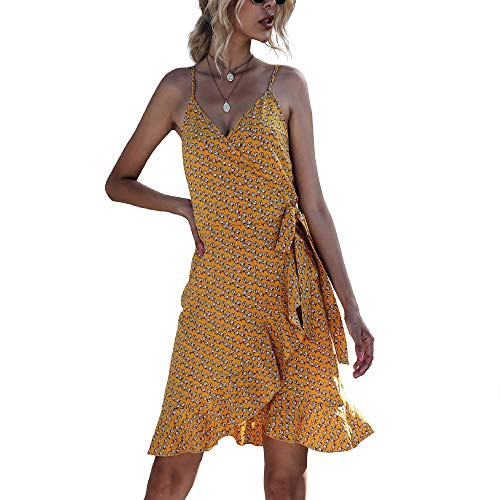 ZOCAVIA Women's Summer Short Sleeveless Print Dress V Neck Casual Floral Loose Pleated Tank Dresses Yellow