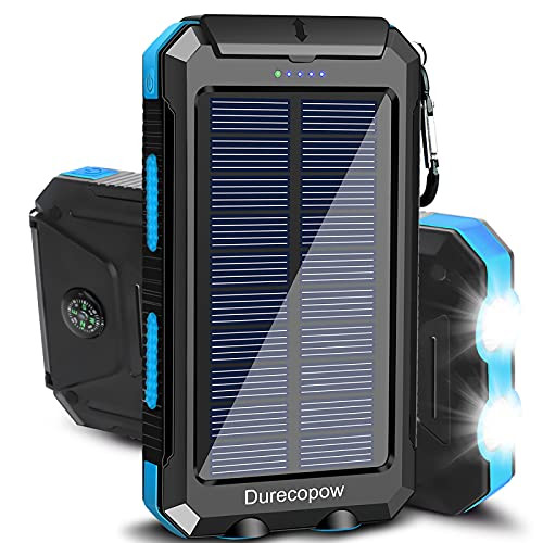 Solar Charger- Durecopow 20000mAh Portable Outdoor Waterproof Solar Power Bank- Camping External Backup Battery Pack Dual 5V USB Ports Output- 2 Led Light Flashlight with Compass -Blue- Solar Charger- Durecopow 20000mAh Portable Outdoor Waterproof Solar Power Bank- Camping External Backup Battery Pack Dual 5V USB Ports Output- 2 Led Light Flashlight with Compass -Blue-