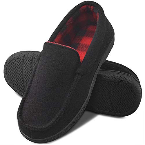 Men's Memory Foam Moccasin Slippers Breathable Moccasin Slippers Micro Wool House Shoes Anti-Slip Sole Indoor Outdoor- Black- 9