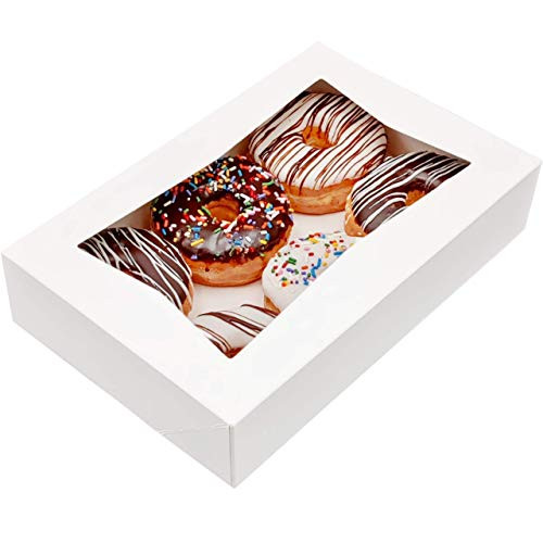 BakeLuv White Bakery Boxes with Window | 12x8x2.5 Inches | 25 Pack | Dessert Boxes | Pastry Boxes | Cookie Boxes | Donut Boxes | Brownies- Chocolate Strawberries- Cake- Muffins- Treats| Thick  and  Sturdy 350 GSM | Auto-Popup