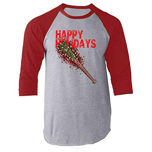 Pop Threads Happy Holidays Lucille with Christmas Lights Red M Raglan Baseball Tee Shirt