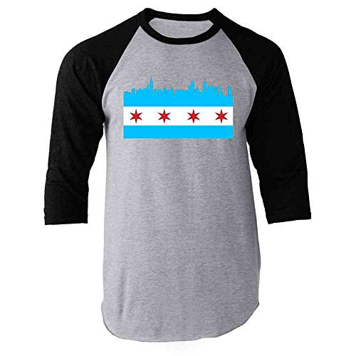 Pop Threads Chicago City Flag Skyline Retro Vintage Black XL Raglan Baseball Tee Shirt