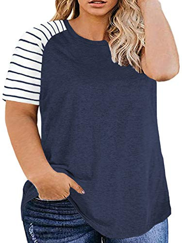 AURISSY Womens Plus Size Shirts Short Sleeve Summer Tops Tees Navy Blue-24W