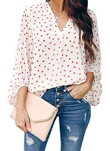 AlvaQ Women Tops Autumn Casual Floral Print Loose Tops Balloon Long Sleeve V Neck Blouses Tops Shirts for Womens White 2X