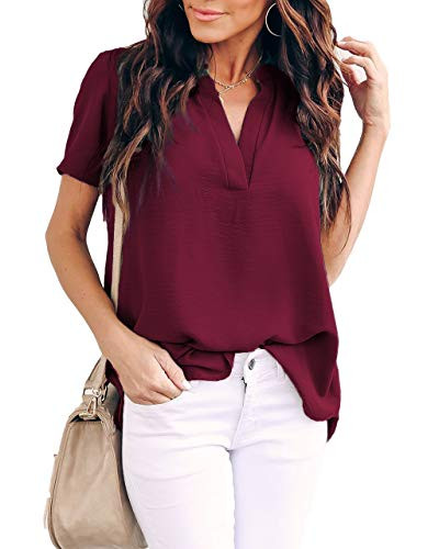 Allimy Women Summer Clothes Shirt V Neck Short Sleeve Tops Fashion 2020 Blouses Wine Small