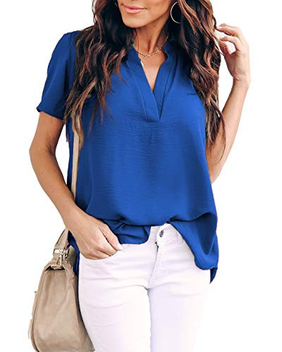Allimy Women Summer Clothes Casual V Neck Chiffon Work Blouses Short Sleeve Tunic Tops Medium Blue