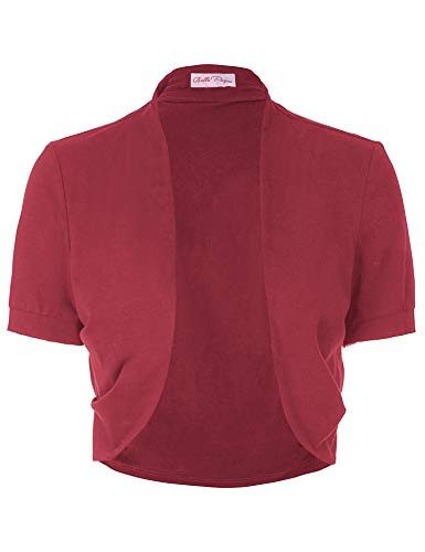 Belle Poque Women's Bolero Shrug Short Sleeve Cardigan Open Front Cropped Shrug -Wine-M-