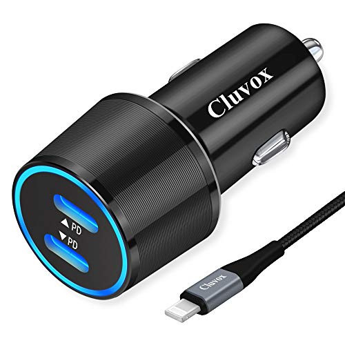Cluvox 20W USB C Fast Car Charger- Compatible for iPhone 12 Pro Max/Mini/11/XS/X/XR/8/Plus/SE 2020/iPad/Air 3 Dual PD Automobile Charger Adapter with 3.3ft MFi Certified Nylon Cable-40W Total- Cluvox 20W USB C Fast Car Charger- Compatible for iPhone 12 Pro Max/Mini/11/XS/X/XR/8/Plus/SE 2020/iPad/Air 3 Dual PD Automobile Charger Adapter with 3.3ft MFi Certified Nylon Cable-40W Total-