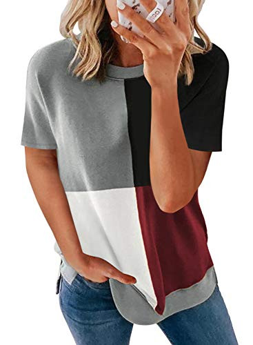 Diukia 2021 Womens Fashion Color Block Graphic Tee Shirts Casual Crewneck Cotton Tshirts Summer Loose Round Neck Side Split Short Sleeve Tops for Women Teen Girls Juniors Ladies Red M