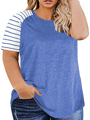 Womens Plus Size Tops Summer Casual T Shirts Loose Stripe Tunic Blouse Blue-18W