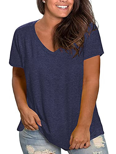 Plus Size Shirts for Women V Neck Loose Casual Summer Blouses Tops Navy Blue-22W