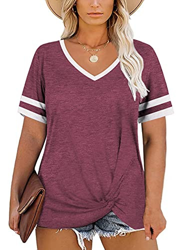 Plus Size Summer Tops for Women Twist Knot Casual Tee Shirts Wine Red-26W