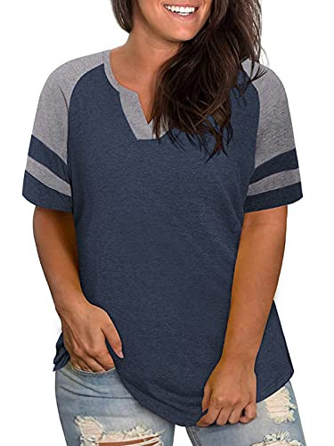 3X Womens Tops Plus Size Summer V Neck Cute Baseball Tee Shirts Navy Blue 22W