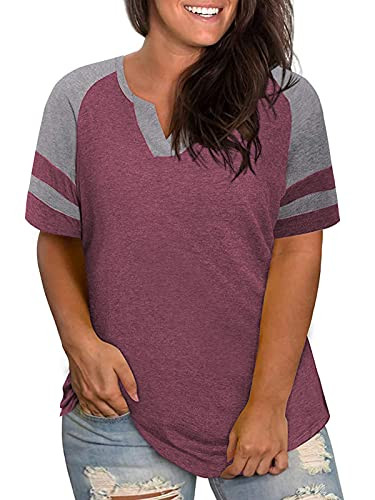 Plus Size Tops for Women 4X Summer V Neck T Shirts Loose Raglan Tee Wine Red 26W