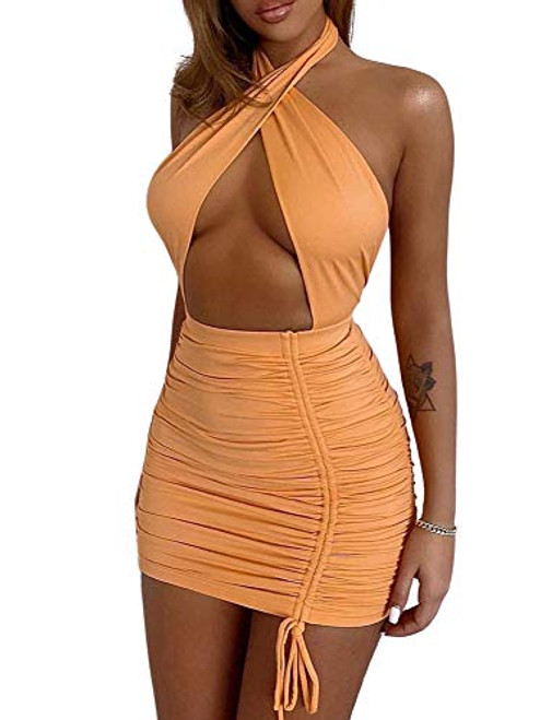Women's Sexy Halter Neck Mini Dresses Backless Criss Cross Hollow Out Drawstring Dress Bodycon Party Club Mini Dress -Orange- S- Women's Sexy Halter Neck Mini Dresses Backless Criss Cross Hollow Out Drawstring Dress Bodycon Party Club Mini Dress -Orange- S-