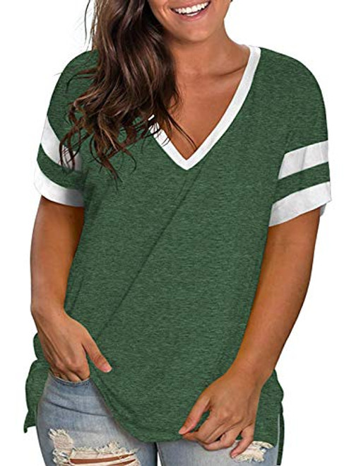 Plus Size Women Shirts Casual Summer Tops Sexy Side Split Tunics Green 22W