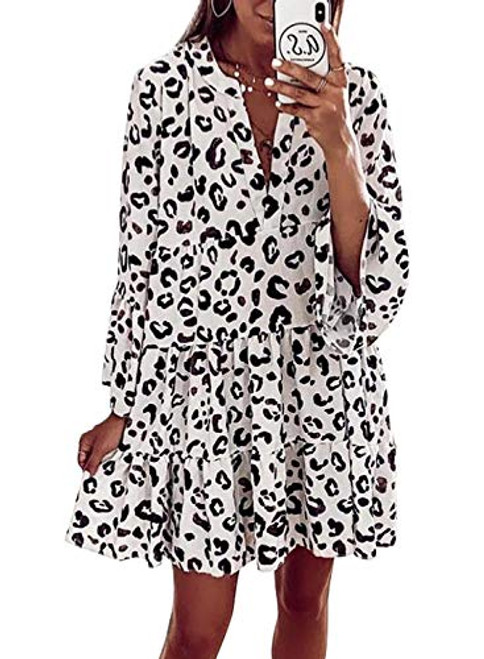 Dearlovers Women's Casual V-Neck Long Sleeve Tunic Dress Ruffle Swing Shift Mini Dresses White Small