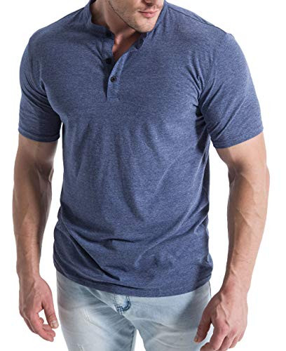 MUSE FATH Mens Authentics Short Sleeve Henley Shirt Casual Button Placket T-Shirt-Blue-L