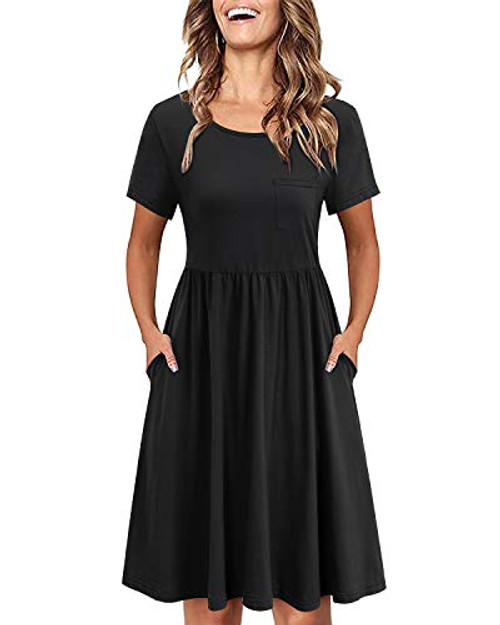 OUGES Womens Casual Summer Sundress Round Neck Short Sleeve Dress Knee Length Swing Dress-Black- L- OUGES Womens Casual Summer Sundress Round Neck Short Sleeve Dress Knee Length Swing Dress-Black- L-