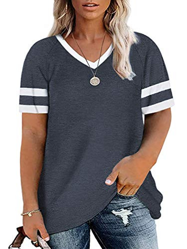 Womens Shirts Plus Size 4X Color Block Tops Striped Baseball Tee Navy Blue 26W
