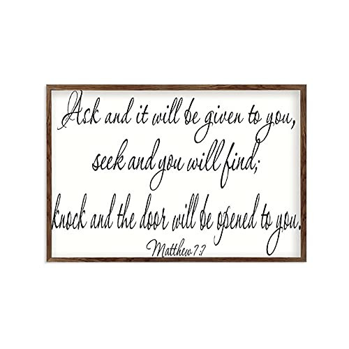 Promini Wooden Framed Sign Wall Art Matthew 7-7 Ask and It Will Be Given to You- Seek and You Will Find- Knock and The Door Will Be Opened to You White-C3 20x30cm-8x12 Inch-