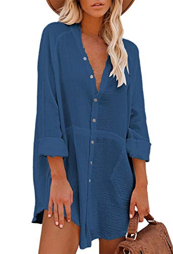 Women's Spring Sundresses Casual Summer Beach Dresses Flowy Loose Short Dress with Pockets Blue S