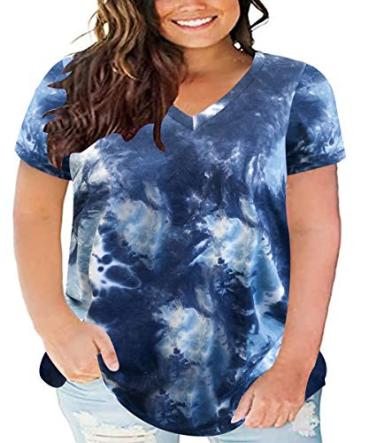 Ritera Womens Plus Size Short Sleeve Tie Dye Casual Summer Loose Fit Blouses Flowy Shirts Tops Navy blue 4XL