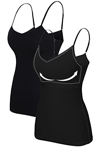 V FOR CITY 2 Pack Women V-Neck Shelf Bra Camisole Adjustable Strap Tank Tops Basic Black Undershirts 2XL