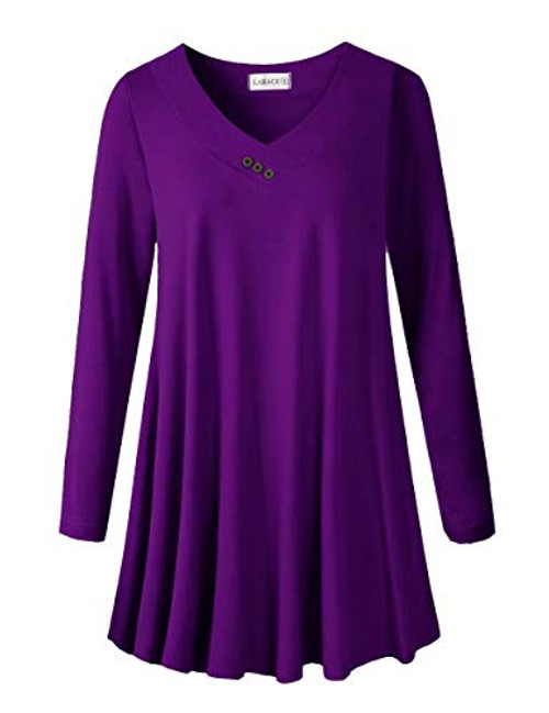 LARACE Women Plus Size Tunic Tops Long Sleeve V Neck Blouse Loose Swing Basic Flowy T Shirt for Leggings- Deep Purple 3X