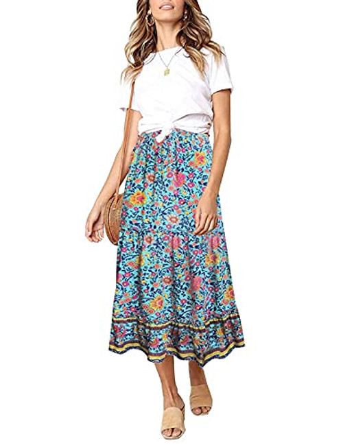 Maxi Skirts for Women Boho Casual Summer Trendy Floral High Waist Long Skirts -Green Floral S-