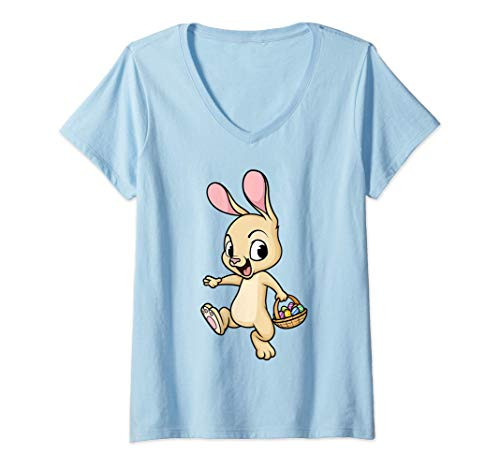 Womens Happy Easter Bunny With Basket Of Colorful Eggs Hunting Cute V-Neck T-Shirt