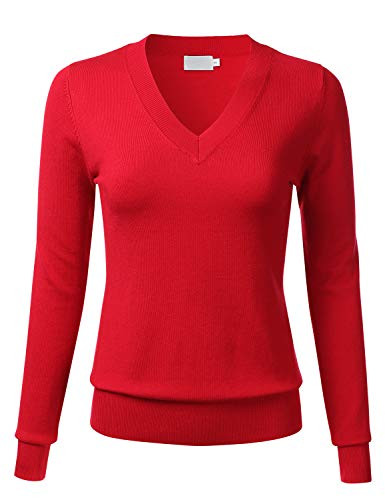 Women's Soft Basic Thick V-Neck Pullover Long Sleeve Knit Sweater RED S