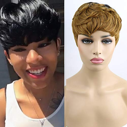 VCK Short Ombre Human Hair Wigs Black to Orange Brown Layered Wavy Wigs Short Pixie Cut Wigs for Black Women T1B/30 Color