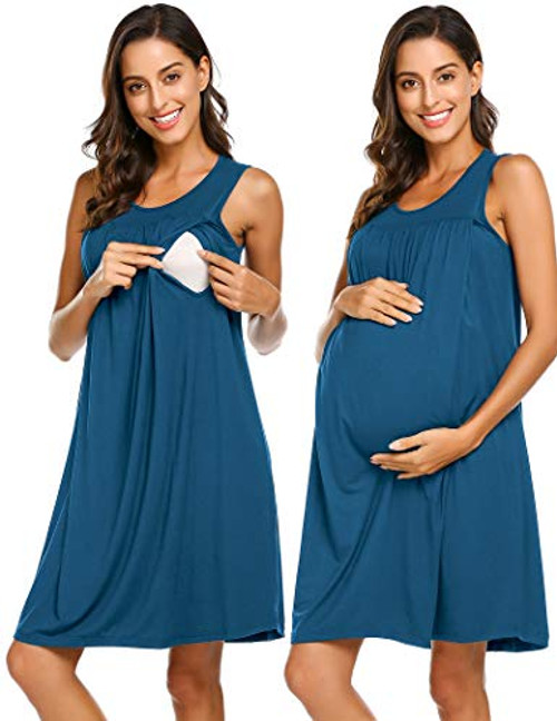 Ekouaer Breastfeeding Dress Maternity Nightgown Pregnant Nursing Nightdress -Blue Green- Medium- Ekouaer Breastfeeding Dress Maternity Nightgown Pregnant Nursing Nightdress -Blue Green- Medium-