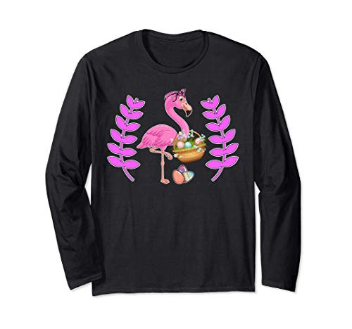 easter flamingo with Easter eggs basket love colorful egg Long Sleeve T-Shirt