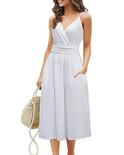 GOOTUCH Women's V Neck Dresses Adjustable Spaghetti Strap Floral Casual Beach Party Swing Dress with Pockets-White-M-