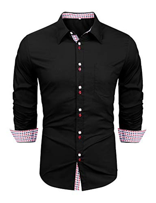 LecGee Men's Cotton Casual Dress Shirt Long Sleeve Plaid Collar Slim Fit Button Down Shirts Black LecGee Men's Cotton Casual Dress Shirt Long Sleeve Plaid Collar Slim Fit Button Down Shirts Black