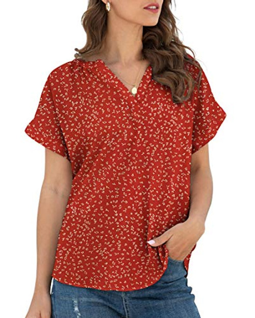 LILBETTER Women's Loose Casual Short Sleeve Chiffon Top T-Shirt Blouse-Flower Wine Red-X-Large-