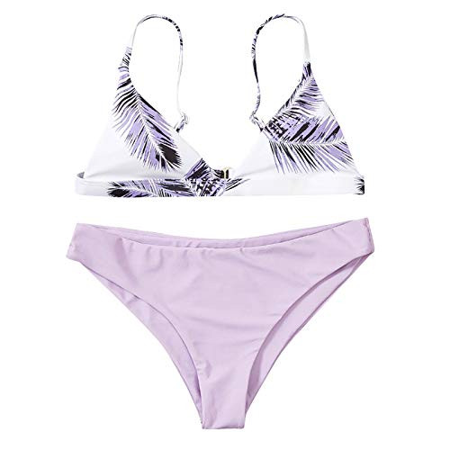 Women's Swimwear Two Piece Bikini Set Leaf Print Push Up Padded Swimsuit High Waist Beachwear Halter Bathing Suit -L-Purple-