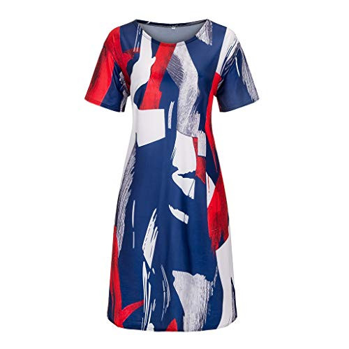 Hapshey Dress for Women Crew Neck Short Sleeve Print Midi Dress Retro Loose Ruffled Knee-Length Summer Casual Club Home Dress Red