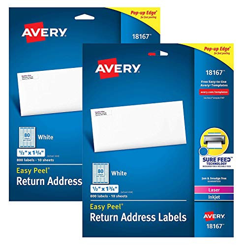 Avery Address Labels with Sure Feed for Inkjet Printers- 0.5inch x 1.75inch- 800 Labels- Permanent Adhesive -18167-- White -2 Pack- 1600 Labels Total-
